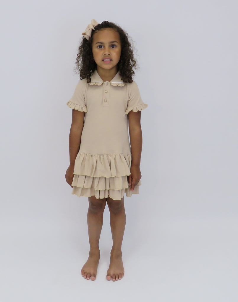 SS24 Harris Kids - Paris Girls Polo Dress with Pearlised Buttons Beige