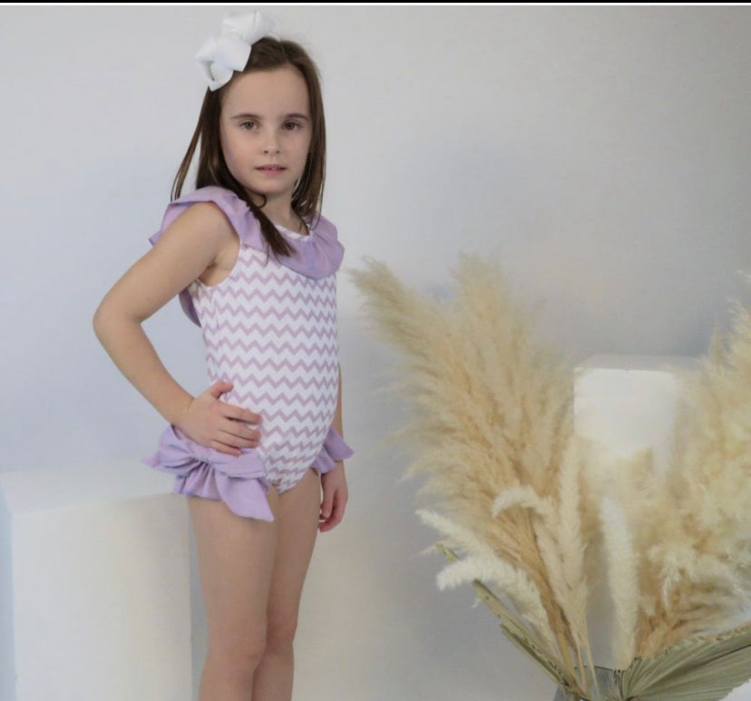 SS24 Harris Kids - Zara Girls Zig Zag Frilly Bow Swimming Costume Lilac
