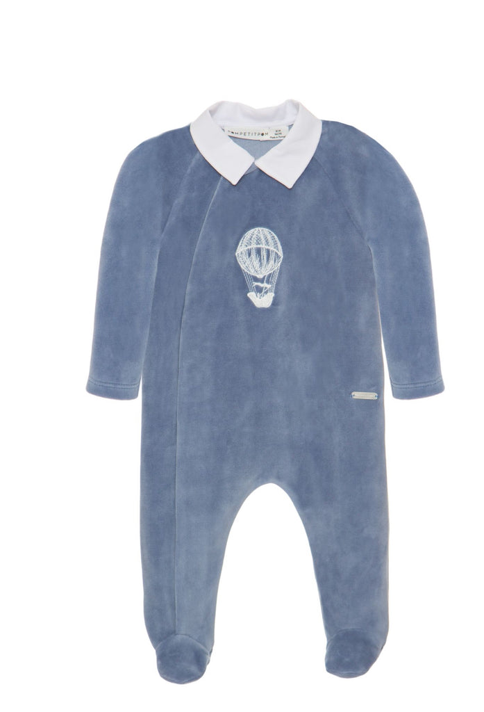 
AW24 Pompetitpom - Dusty Blue Babygrow with Hot Air Balloon Motif