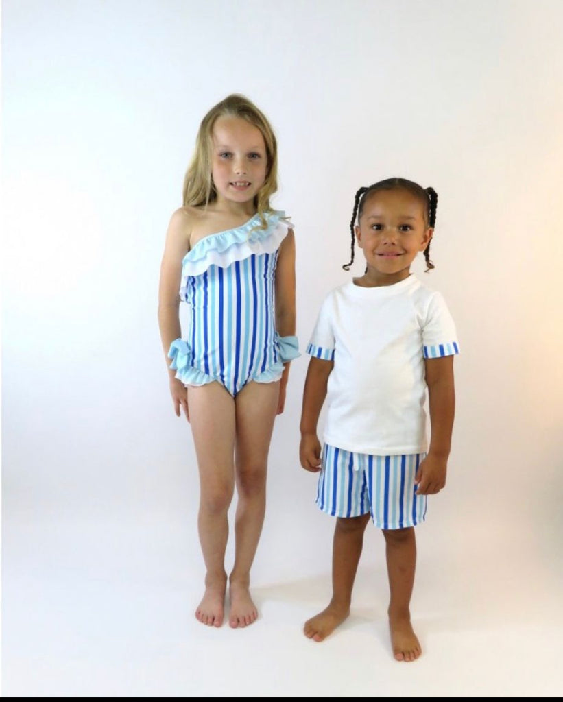 SS24 Harris Kids - Mila Girls Frilly Bow Swimsuit Blue Stripe