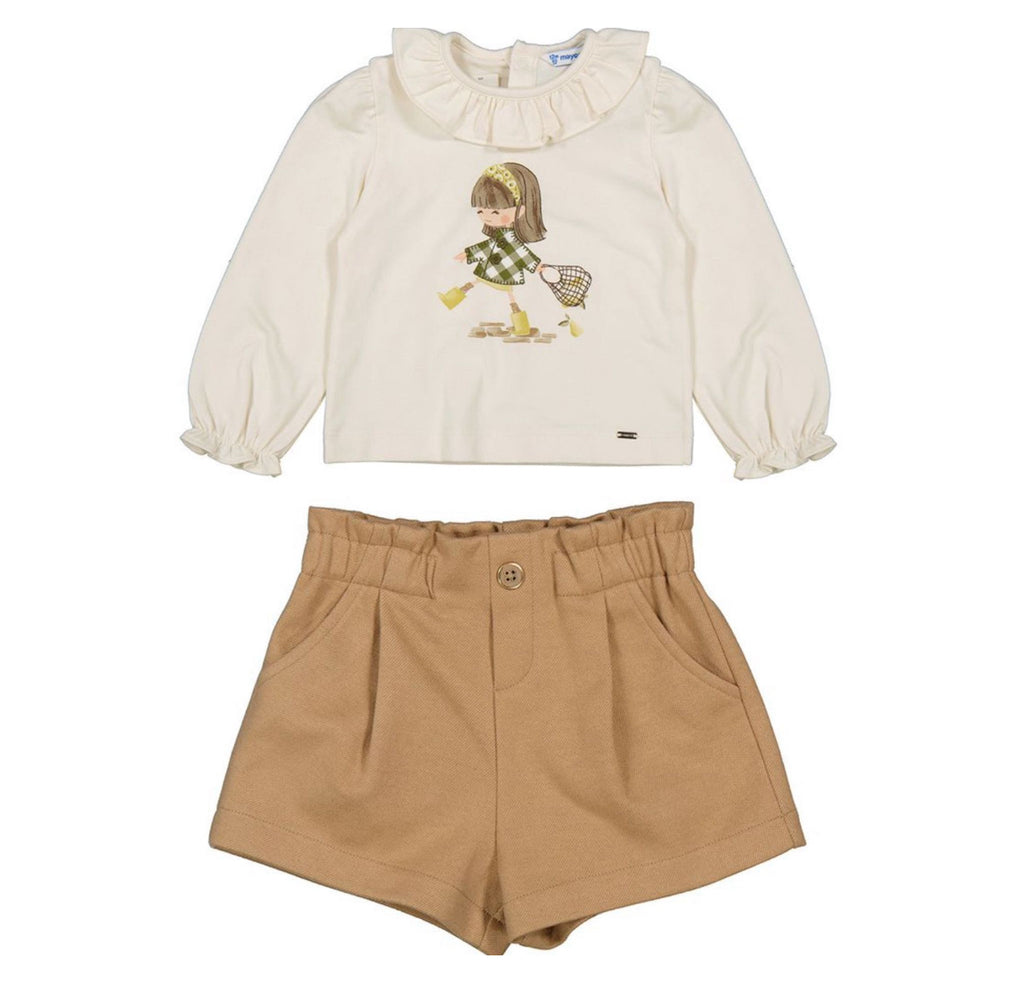 AW25 Mayoral - Frill Collar Long Sleeve Top and Short Set - Camel