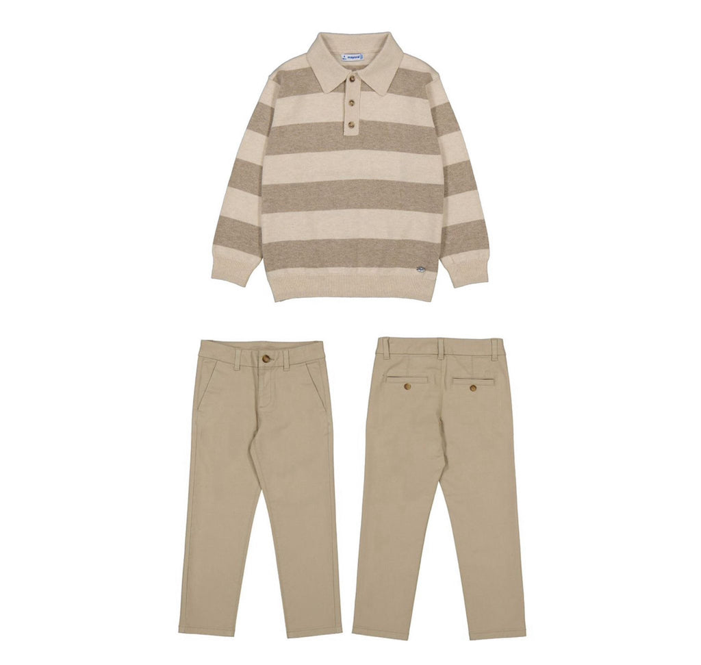 AW25 Mayoral - Beige Stripe Polo Jumper and Trouser Set