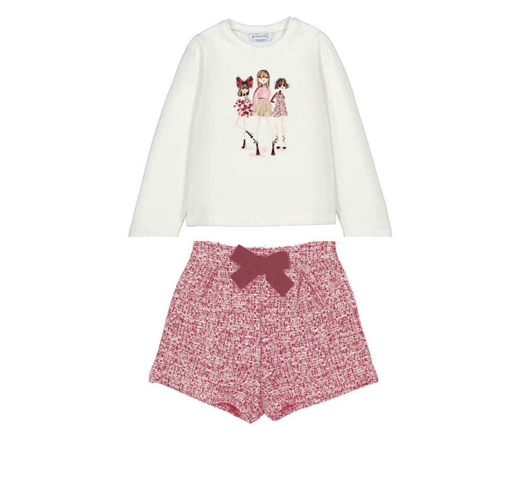 AW25 Mayoral - Girls Print Long Sleeve Top and Red Shorts