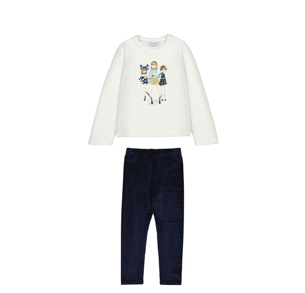 AW25 Mayoral - Girls Print Long Sleeve Top and Navy Velvet Legging Set